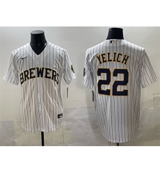 Men Milwaukee Brewers 22 Christian Yelich White Pinstripe 2025 With Patch Stitched Baseball Jersey