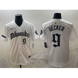 Men Milwaukee Brewers 9 Bob Uecker White  Gothic 414 Shadows Edition Vapor Premier Limited Stitched Jersey