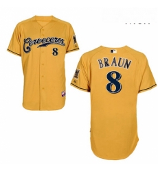 Mens Majestic Milwaukee Brewers 8 Ryan Braun Replica Gold Cerveceros Cool Base MLB Jersey