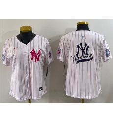 Women New York Yankees Team Big Logo White Pink Pinstripe Limited Stitched Baseball Jersey 003