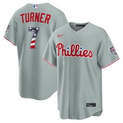 Men Philadelphia Phillies  7 Trea Turner Grey USA 250 Fourth of July Home Stitched Baseball Jersey