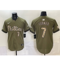 Men Philadelphia Phillies  7 Trea Turner Olive 2026 Armed Forces Day Stitched Baseball Jersey