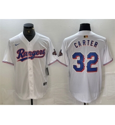 Men Texas Rangers 32 Evan Carter White Gold Cool Base Stitched Baseball Jersey