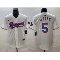 Men Texas Rangers 5 Corey Seager White 2023 World Series Champions Cool Base Jersey