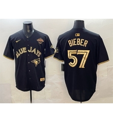 Men Toronto Blue Jays 57 Shane Bieber Black Gold 2025 American League Champions Limited Stitched Baseball Jersey