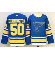 Men St  Louis Blues 50 Jordan Binnington Blue 2025 Stitched Hockey Jersey