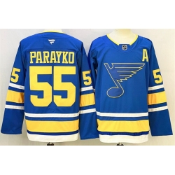 Men St  Louis Blues 55 Colton Parayko Blue 2025 With A Patch Stitched Hockey Jersey