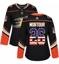 Womens Adidas Anaheim Ducks 26 Brandon Montour Authentic Black USA Flag Fashion NHL Jersey 