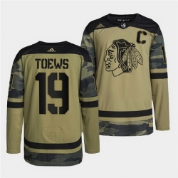 Men Chicago Blackhawks 19 Jonathan Toews 2022 Camo Military Appreciation Night White Stitched jersey