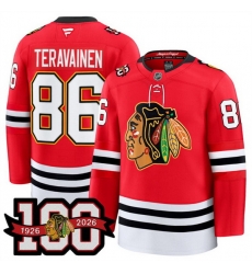 Men Chicago Blackhawks 86 Teuvo Teravainen Red 2025 Home 100th Anniversary Stitched Hockey Jersey