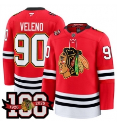 Men Chicago Blackhawks 90 Joe Veleno Red 2025 Home 100th Anniversary Stitched Hockey Jersey