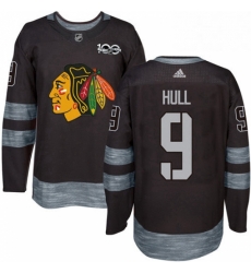 Mens Adidas Chicago Blackhawks 9 Bobby Hull Authentic Black 1917 2017 100th Anniversary NHL Jersey 