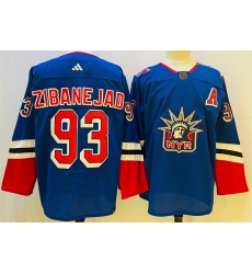 Men New York Rangers 93 Mika Zibanejad Blue 2022 23 Reverse Retro Stitched Jersey