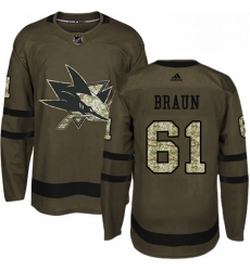 Mens Adidas San Jose Sharks 61 Justin Braun Authentic Green Salute to Service NHL Jersey 