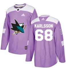 Youth Adidas San Jose Sharks 68 Melker Karlsson Authentic Purple Fights Cancer Practice NHL Jersey 