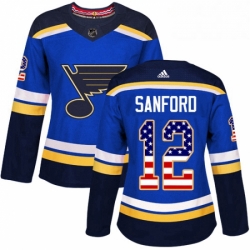 Womens Adidas St Louis Blues 12 Zach Sanford Authentic Blue USA Flag Fashion NHL Jersey 