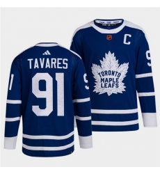 Men Toronto Maple Leafs Black 91 John Tavares Blue 2022 Reverse Retro Stitched Jersey