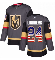 Mens Adidas Vegas Golden Knights 24 Oscar Lindberg Authentic Gray USA Flag Fashion NHL Jersey 