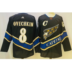 Men Washington Capitals 8 Alex Ovechkin Black 2022 23 Reverse Retro Stitched NHL Jersey