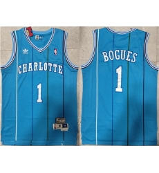 Men Charlotte Hornets 1 Muggsy Bogues Blue Mitchell  26 Ness Throwback Stitched Jersey