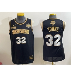 Men New Yok Knicks  32 Karl Anthony Towns Black Gold 2026 Finals   Eastern Conference Champions Patch Stitched Jersey