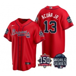 Men Atlanta Braves 13 Ronald Acuna Jr  2021 Red World Series With 150th Anniversary Patch Cool Base Stitched Jersey