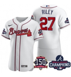 Men's White Atlanta Braves #27 Austin Riley Swanson 2021 World Series Champions With 150th Anniversary Flex Base Stitched Jersey