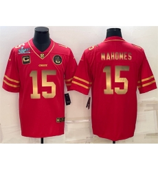 Men Kansas City Chiefs 15 Patrick Mahomes Red Gold Super Bowl LVII Patch And 4 Star C Patch Vapor Untouchable Limited Stitched Jersey