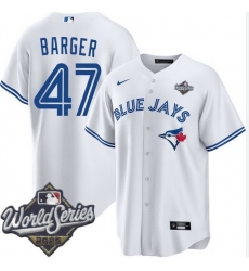 Men Toronto Blue Jays 47 Addison Barger Cool Base Stitched Baseball Jersey White Men Toronto Blue Jays 47 Addison Barger Cool Base Stitched Baseball Jersey White