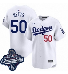Men Los Angeles Dodgers 50 Mookie Betts Cool Base 2025 World Champions Stitched Baseball Jersey White