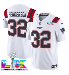 Men New England Patriots 32 TreVeyon Henderson White 2025 F U S E Super Bowl LX Patch Vapor Limited Stitched Football Jersey Men New England Patriots 32 TreVeyon Henderson White 2025 F U S E Super Bowl LX Patch Vapor Limited Stitched Football Jersey