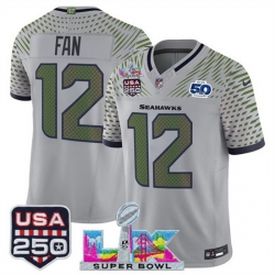 Men Seattle Seahawks 12 Fan Gray 2025 F U S E  Super Bowl LX  26 US 250th anniversary Patch And 50th Season Patch  Rivalries Vapor Limited Football Stitche