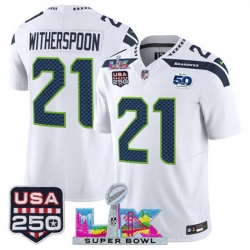 Men Seattle Seahawks 21 Devon Witherspoon White 2025 F U S E  Super Bowl LX Patch And 50th Season  USA 250 Patch Vapor Limited Football Stitched Jersey