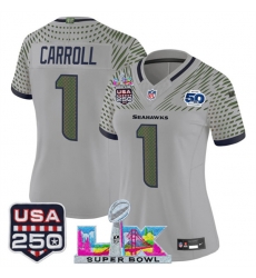 Women Seattle Seahawks 1 Pete Carroll Gray 2025 F U S E Super Bowl LX  US 250th anniversary Patch And 50th Season Patch Rivalries Vapor Limited Football St