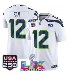 Youth Seattle Seahawks 12 Fan White 2025 F U S E  Super Bowl LX Patch And 50th Season Patch Vapor Limited Stitched Football Jersey