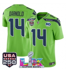 Youth Seattle Seahawks 14 Sam Darnold Green 2025 F U S E  Super Bowl LX Patch And 50th Season  USA 250 Patch Vapor Limited Stitched Football Jersey