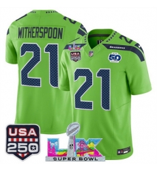 Youth Seattle Seahawks 21 Devon Witherspoon Green 2025 F U S E  Super Bowl LX Patch And 50th Season  USA 250 Patch Vapor Limited Stitched Football Jersey