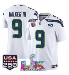 Youth Seattle Seahawks 9 Kenneth Walker III White 2025 F U S E  Super Bowl LX Patch And 50th Season  USA 250 Patch Vapor Limited Stitched Football Jersey